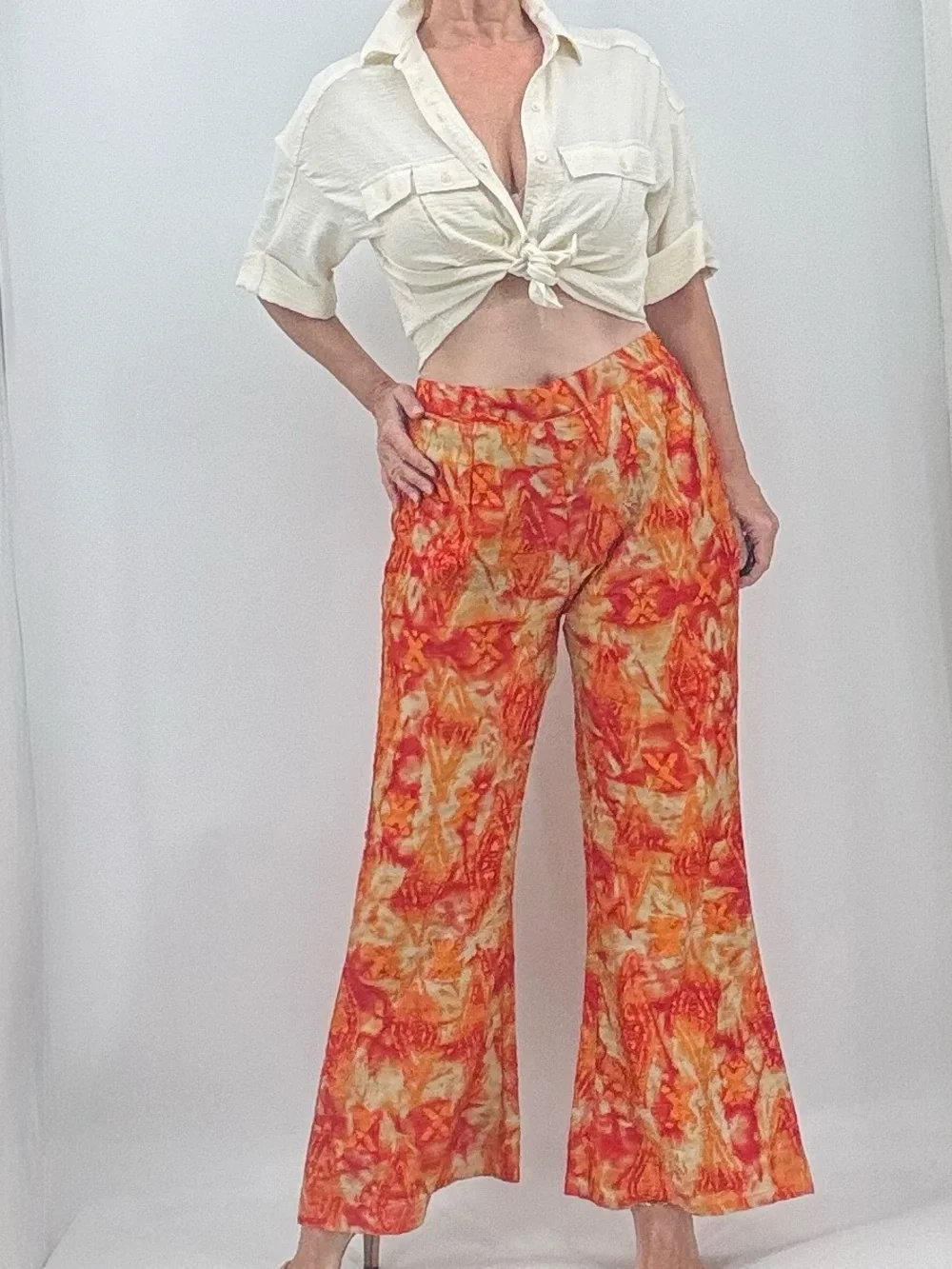 Vintage 70s Abstract Print Disco Groovy Boho High Rise Wide Leg Flare Pants - Picture 15 of 16